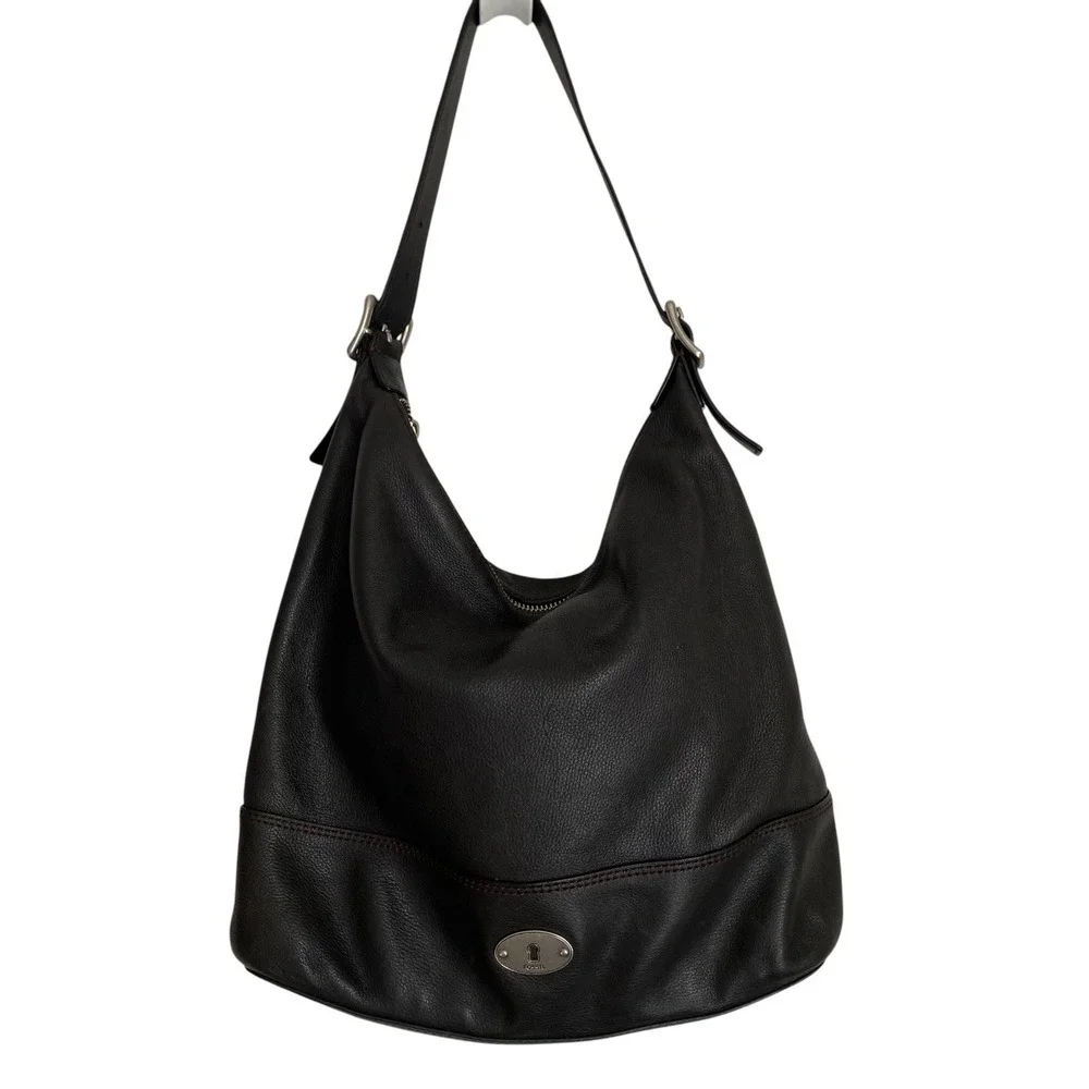 Fossil Marlow Shoulder Bag Hobo Black Leather 14x11